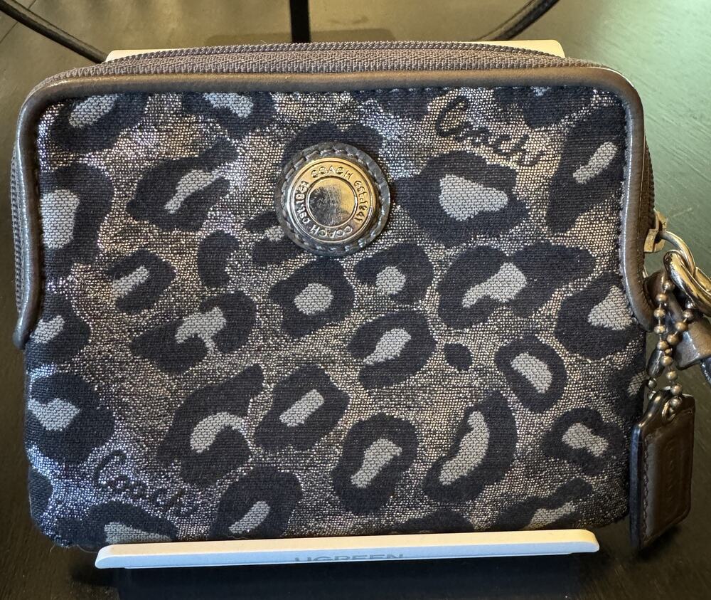 Coach Ashley Ocelot Lurex Small Multi Function Wristlet Pouch Silver Black